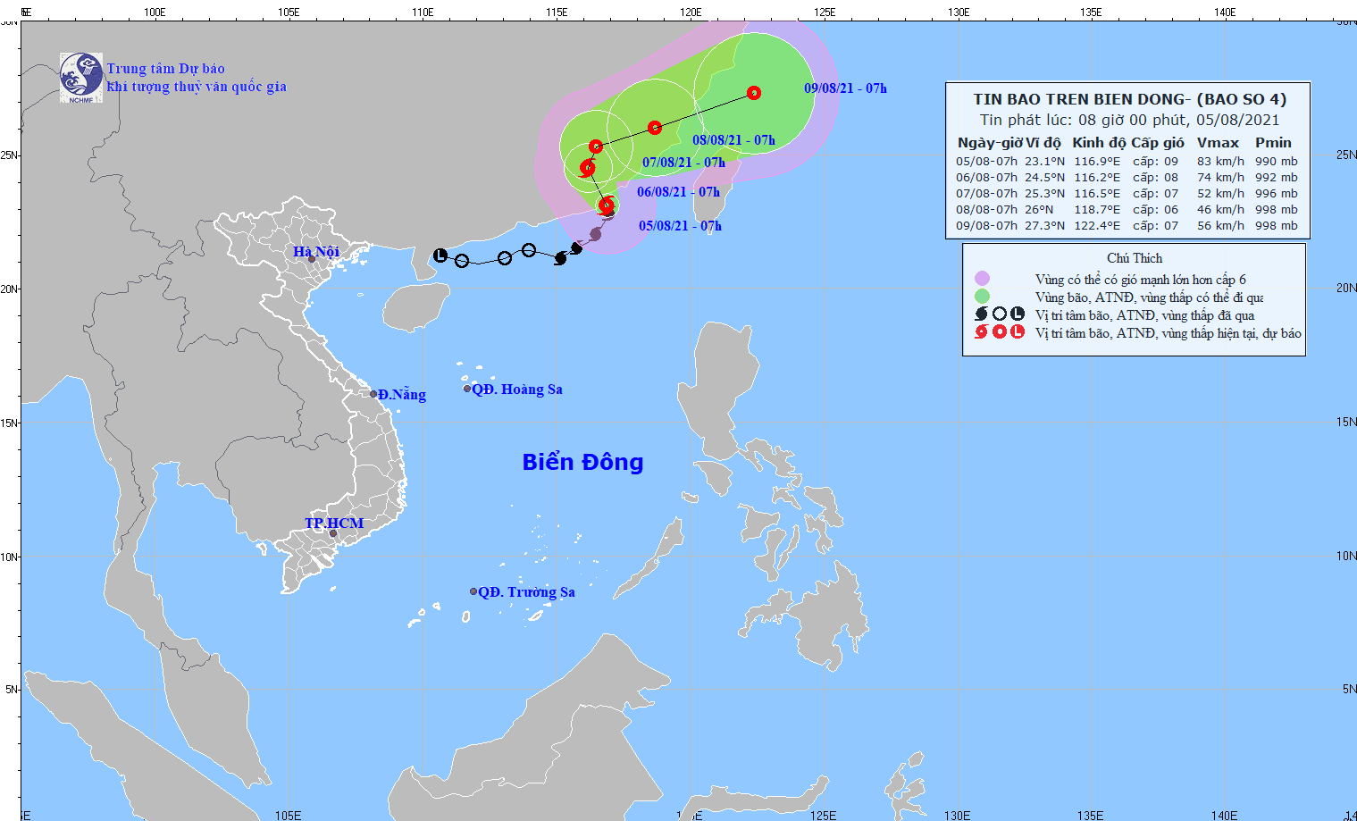 Dự báo đường đi của bão số 4. Ảnh: nchmf.gov.vn 